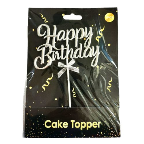 Ezüst műanyag "happy birthday" beszúró tortadísz