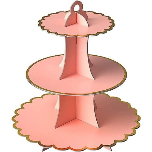 Papír Muffin és sütemény állvány 3 szintes rózsaszín és arany