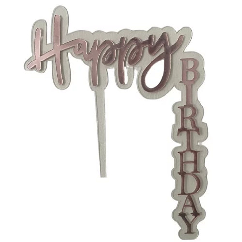 Sziluett beszúró - torta oldalán futó - happy birthday felirat - rose-gold